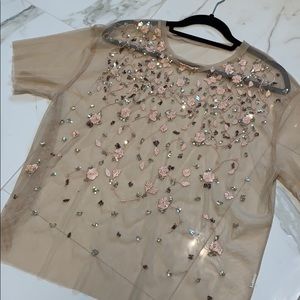 Sequin embroidered sheer T-shirt